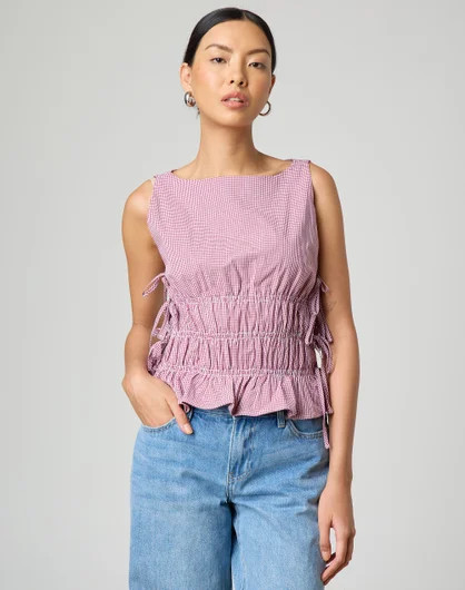 Gingham Tie Side Shirred Blouse | Glassons (Australia)