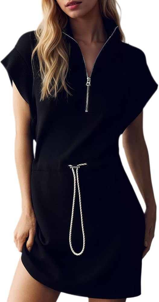 Half Zip Dress for Women, Casual Short Sleeve Drawstring Waist Summer Dress with Pockets | Amazon (US)