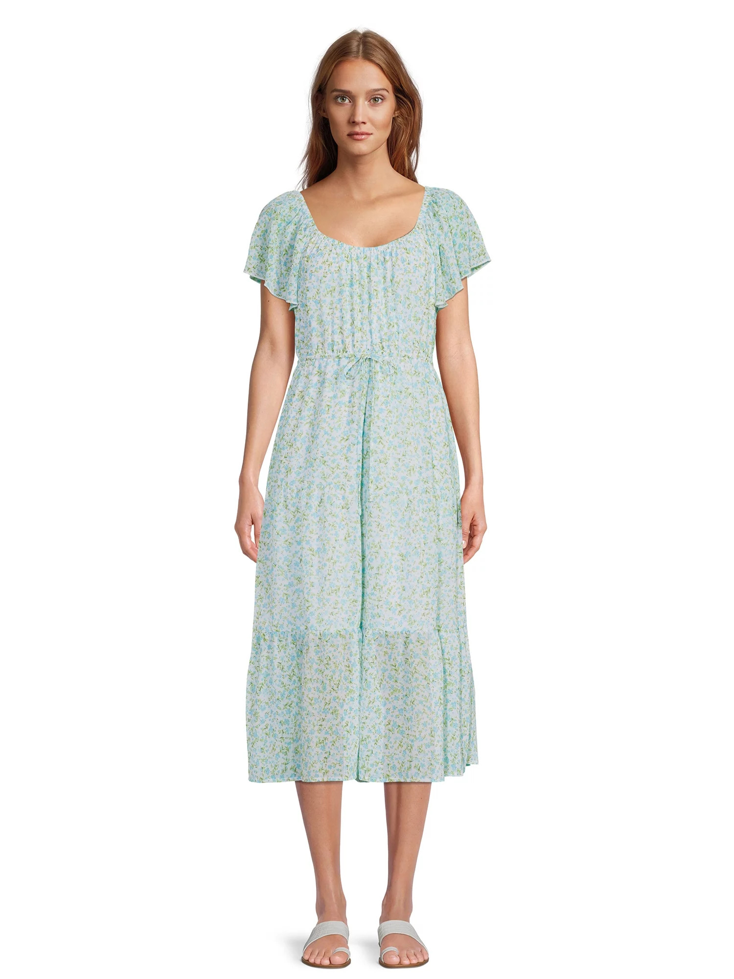 Time and Tru Women's Flutter Sleeve Tiered Dress | Walmart (US)