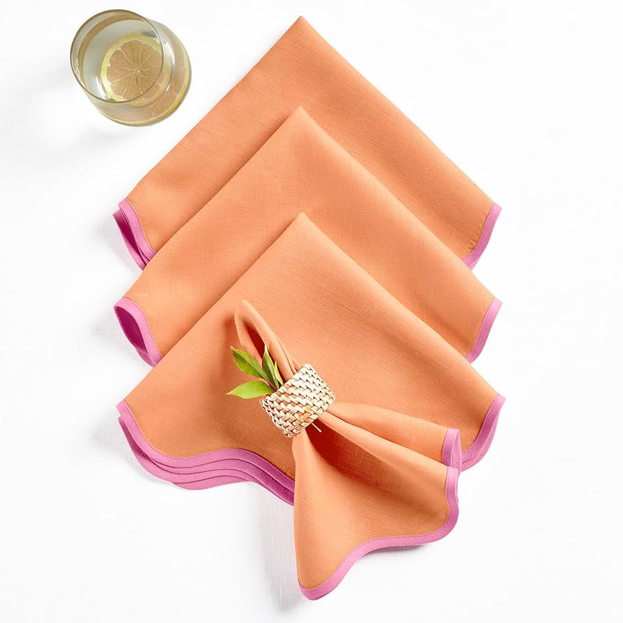 Solino Home Linen Scallop Cloth Napkins Set of 4-100% Pure Linen Flamingo Pink and Coral Round Di... | Amazon (US)