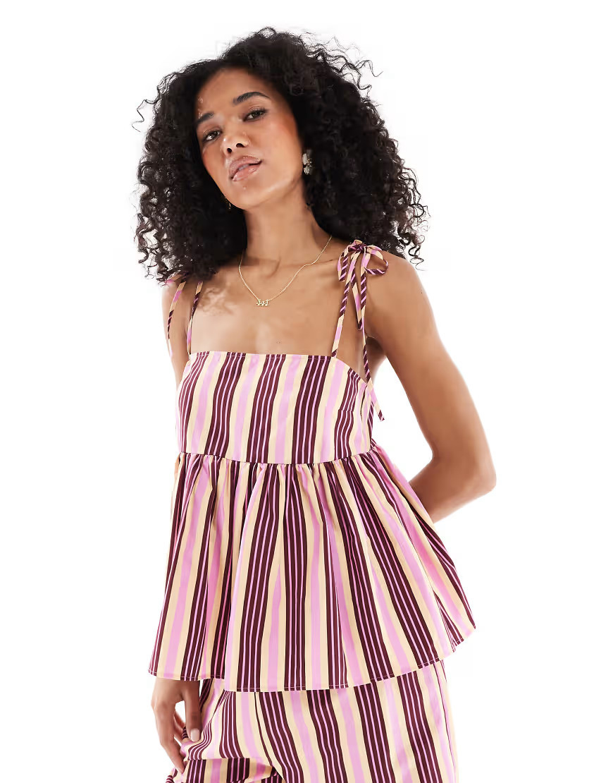 ASOS DESIGN tie shoulder peplum co-ord cami in stripe-Multi | ASOS (Global)