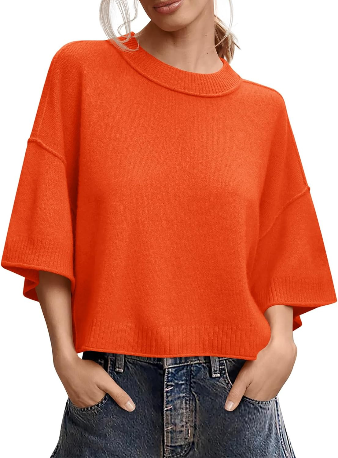Saodimallsu Womens Short Sleeve Sweater Oversized Cropped Sweaters Knit Top | Amazon (US)