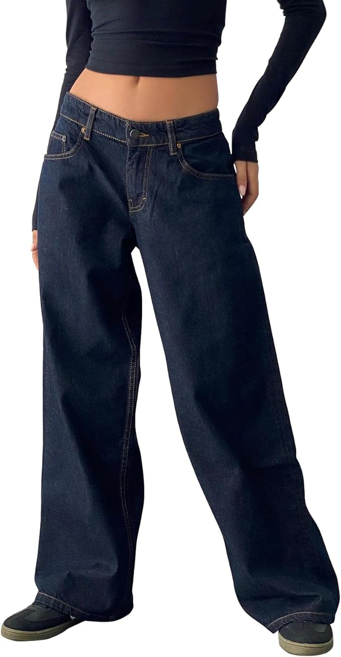 Women's Y2K Wide Leg Denim Pants Baggy Low Waist Wide Leg Boyfriend Jeans Casual Vintage Loose Je... | Amazon (US)