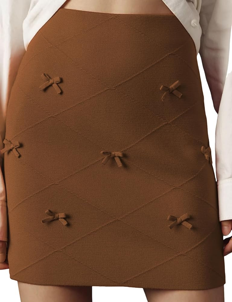 Women's Mini Skirt High Waist A-Line Stretch Knit Slim Fit Pencil Solid Skirts Cute Bow Front Ski... | Amazon (US)