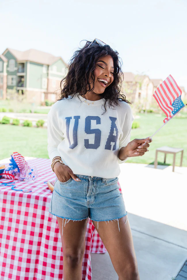 My Team Ivory and Navy USA Sweater | Pink Lily