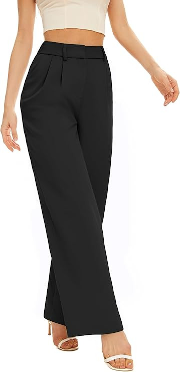 Women Office Wide High Waist Pants Loose Fit Elastic Waist Pleated Front Trousers for Work Casual | Amazon (US)