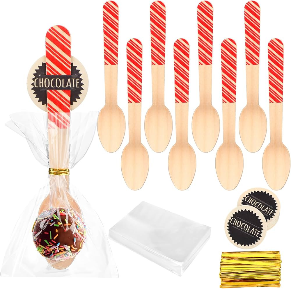 100 Set Christmas Disposable Wooden Spoons 5.5 Inches Red Stripes Candy Cane Disposable Hot Choco... | Amazon (US)
