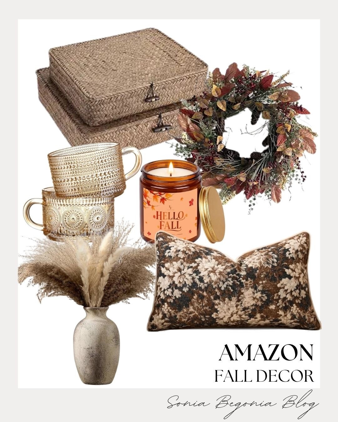 Welcome autumn into your home with these warm Amazon decor finds! 🍂 

A rustic autumn leaf wreath, amber glass mugs, and an aromatic "Hello Fall" candle create an inviting, cozy atmosphere.

Complete the look with woven storage boxes, pampas grass in a ceramic vase, and a floral pillow. 🕯️✨

#AmazonHome #FallHomeDecor #CozyVibes #AutumnDecor #AmazonFinds #HomeStyling #SeasonalDecor #LTKhome #InteriorInspo

#LTKSeasonal #LTKHome
