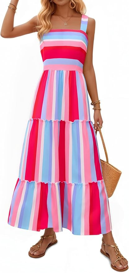 Yousify Womens Summer Maxi Dress 2026 Striped Casual Patchwork A Line Smocked Long Dress Boho Flo... | Amazon (US)