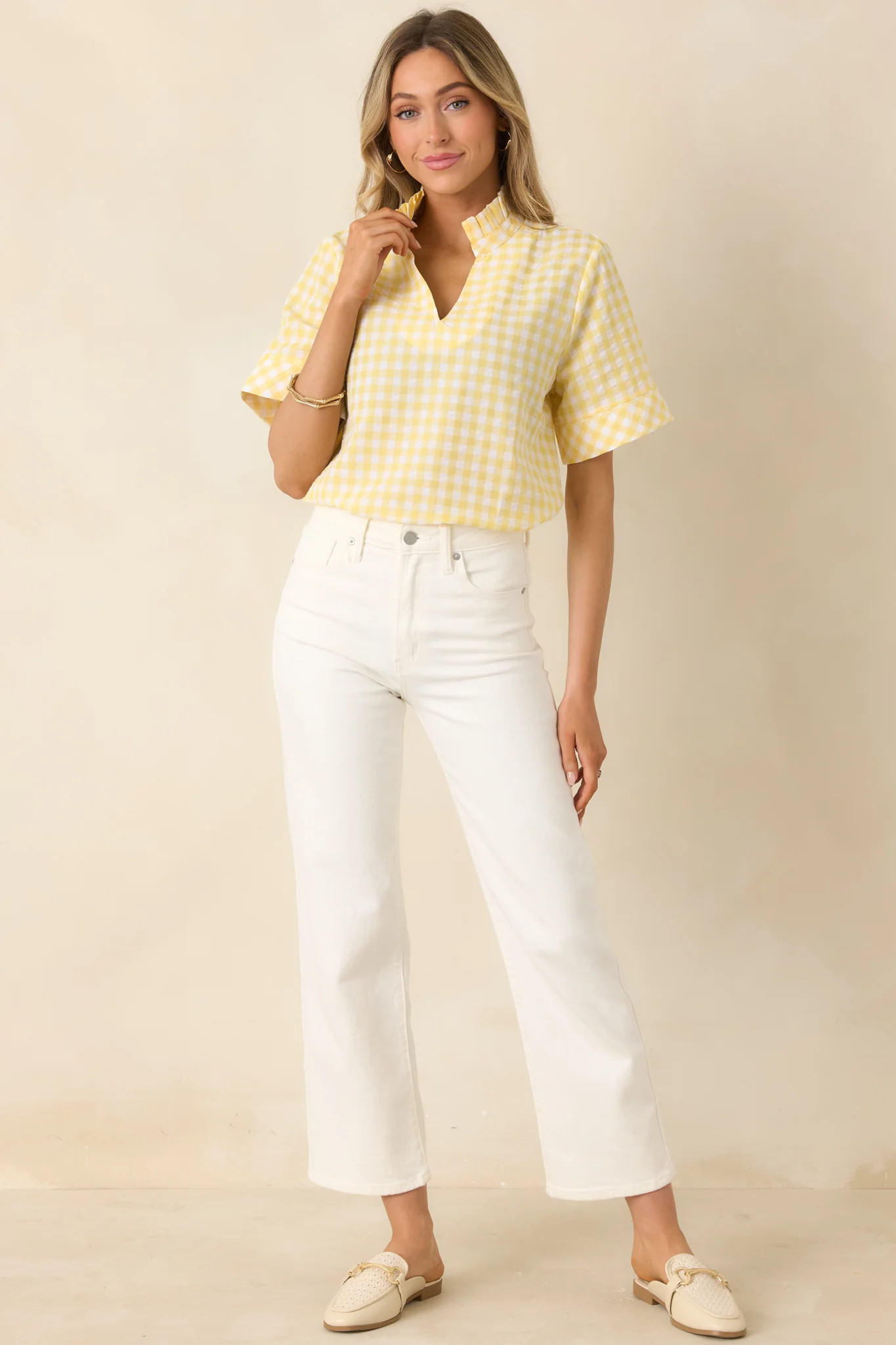 Plans in the Sunshine Yellow Gingham Cotton V-Neck Top | Red Dress