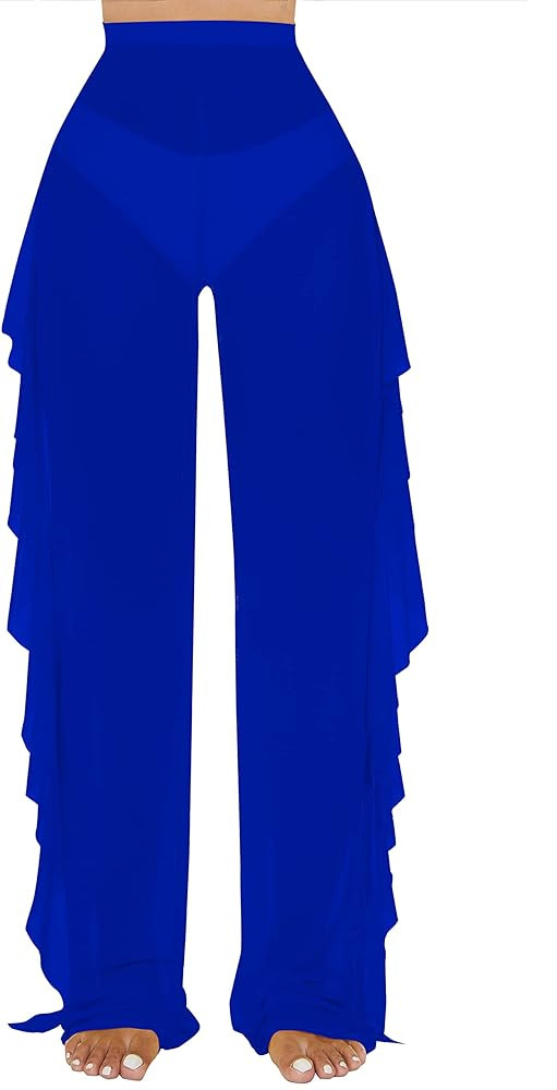 Jumppmile Women's Ruffle Sheer Mesh Swimwear Bikini Cover Up Pants See Through | Amazon (US)