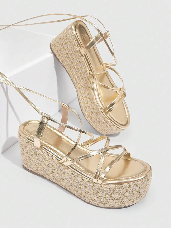 CUCCOO SZL Fashionable Women's Gold Lace-Up Platform Espadrille Sandals For Vacation Disco Party Sexy Night Out Spring Shoes Spring Break Easter | SHEIN