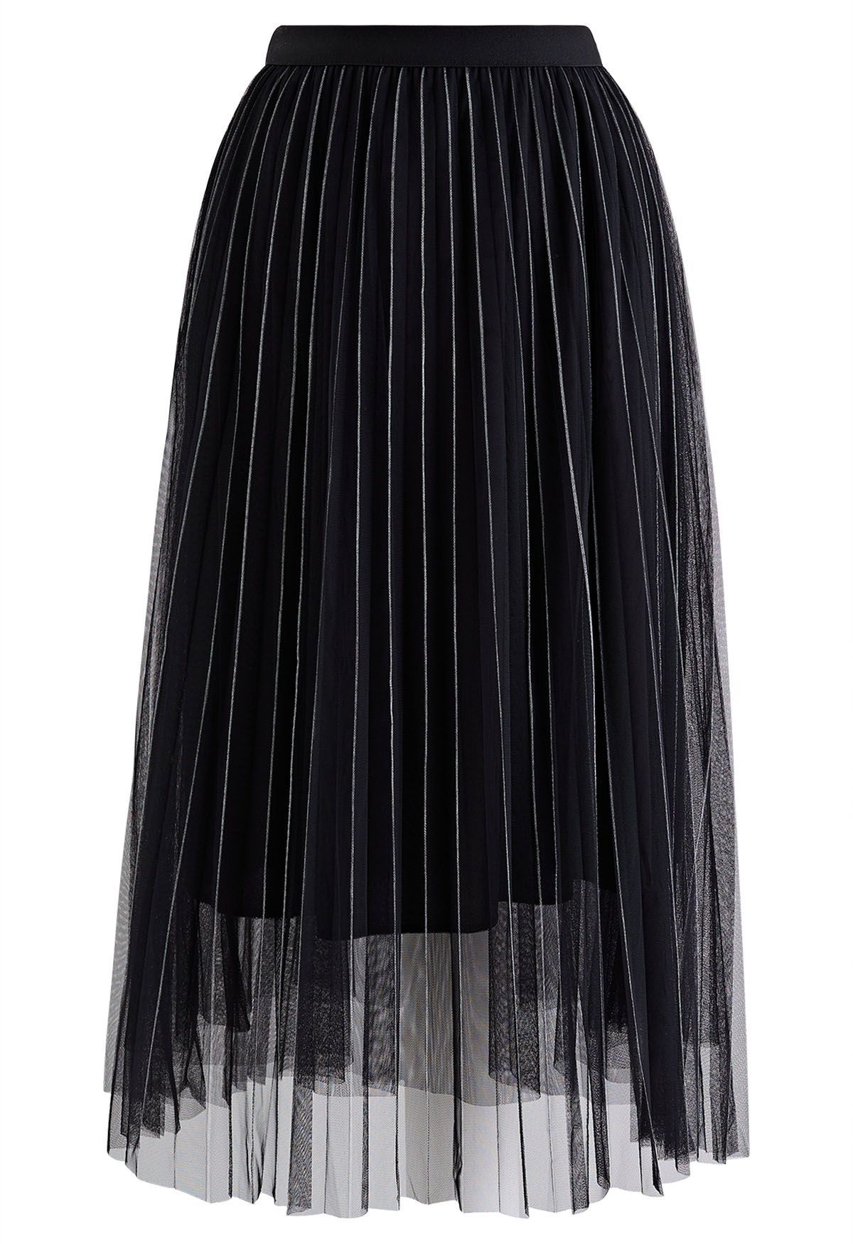 Contrast Lines Pleated Mesh Tulle Midi Skirt in Black | Chicwish