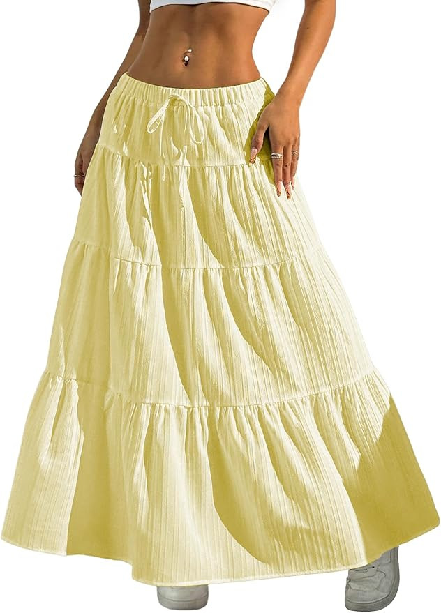 Verdusa Women's Long Maxi Skirt 2026 Boho Flowy Flared Ruffle Skirts Beach Vacation Spring Going ... | Amazon (US)