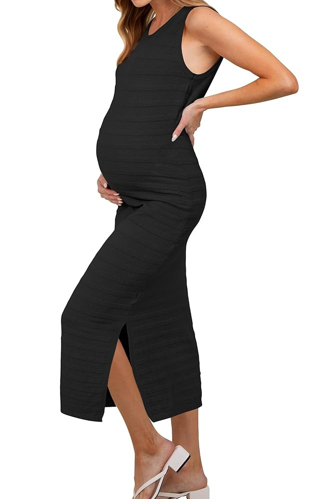 OUGES Women's 2025 Summer Maternity Dress Knit Sleeveless Crewneck Midi Dress Side Slit Striped B... | Amazon (US)