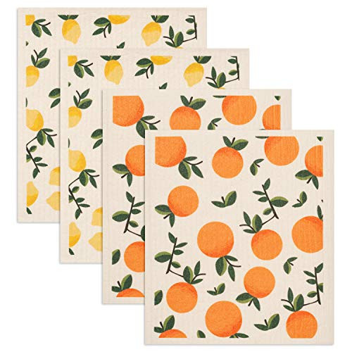 GMIcréatifs Swedish Dishcloths 4-Pack, Reusable Kitchen Cleaning Cloths, Eco-Friendly Sponges with Citrus Lemon Orange Print, Machine Washable 7.87x6.88 inch | Amazon (US)