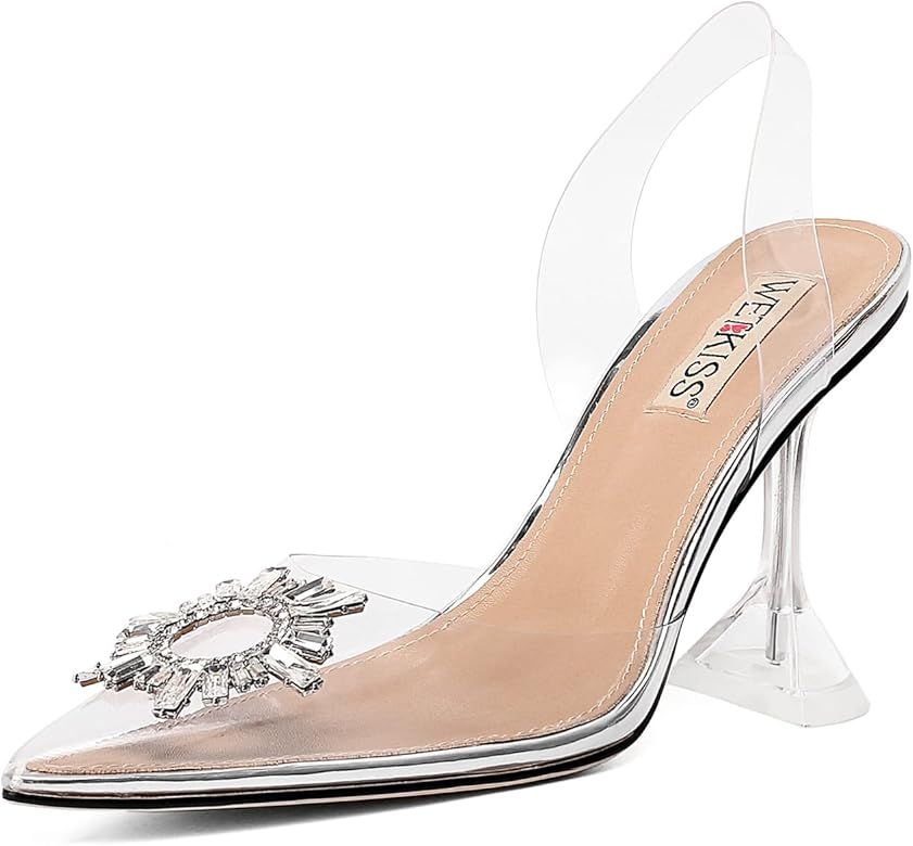 Amazon.com: wetkiss Women's Clear Heels Shoes, Transparent PVC Crystal Rhinestones Slingback Wedd... | Amazon (US)