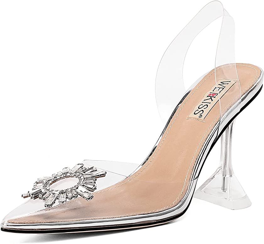 Amazon.com: wetkiss Women's Clear Heels Shoes, Transparent PVC Crystal Rhinestones Slingback Wedd... | Amazon (US)