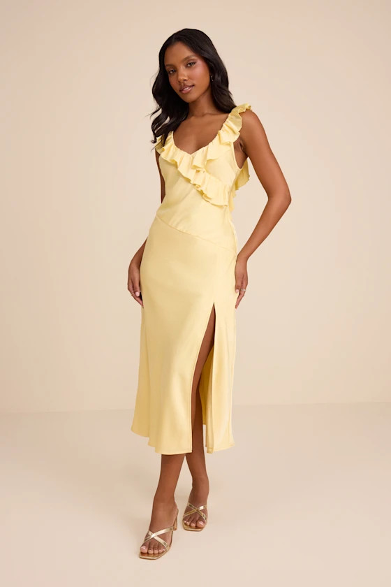Lenny Pale Yellow Satin Ruffled Midi Dress | pale yellow dress | butter yellow dress | Lulus