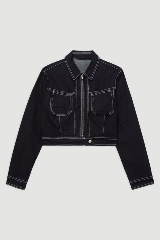 Indigo Denim Contrast Stitch Detail Zip Through Jacket | Karen Millen US