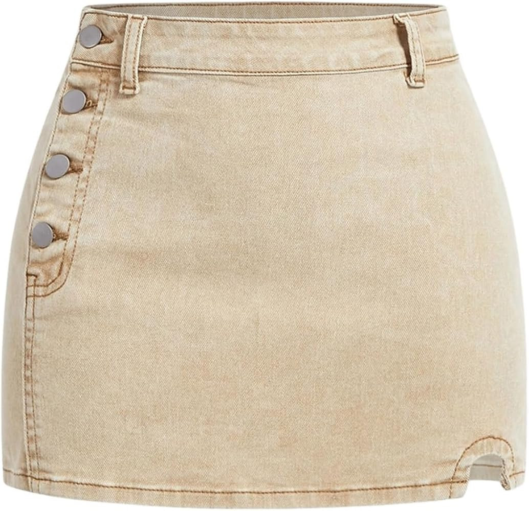 WDIRARA Women's Button Front Notched Hem Mini Denim Skirt Summer Sexy Bodycon Jean Skirts | Amazon (US)