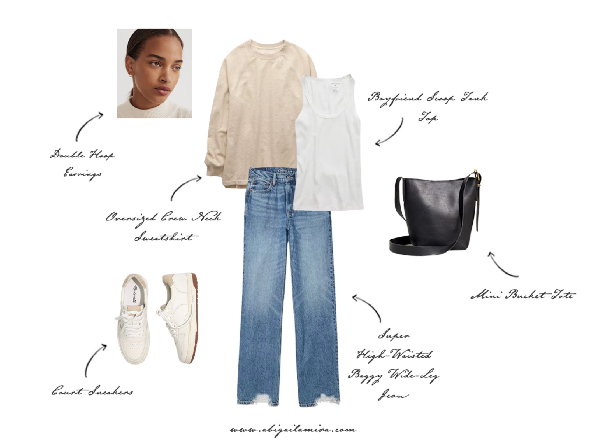 I would wear this outfit while running errands, going to doctor appointments, or having a casual day in the office. I'd pair high-waisted baggy jeans with a scoop-neck tank top and layer an oversized sweatshirt. I'd complete the look with nice sneakers, a cute mini tote, and double hoop earrings. 

#LTKMidsize #LTKOver40 #LTKBacktoSchool