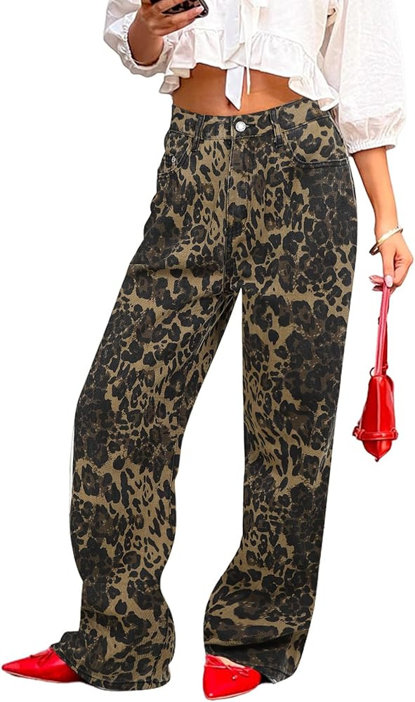Womens Straight Leg Jeans, Leopard Print Cheetah Jeans for Women Trendy Baggy Wide Leg Loose Fit ... | Amazon (US)