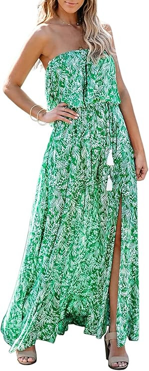 Annebouti Women Summer Strapless Boho Beach Front Slit Floral Long Maxi Dress | Amazon (US)