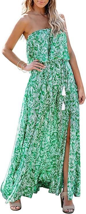 Annebouti Women Summer Strapless Boho Beach Front Slit Floral Long Maxi Dress | Amazon (US)