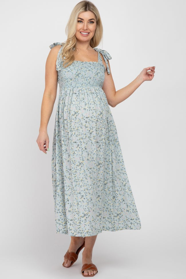 Light Blue Floral Smocked Tie Strap Maternity Midi Dress | PinkBlush Maternity