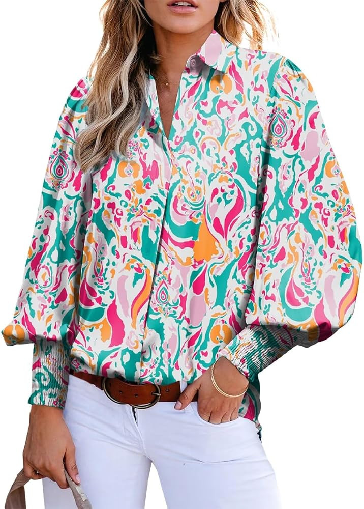 Astylish Women 2025 Loose V-Neck Shirts Paisley Print Lantern Sleeve Blouse Boho Tops | Amazon (US)