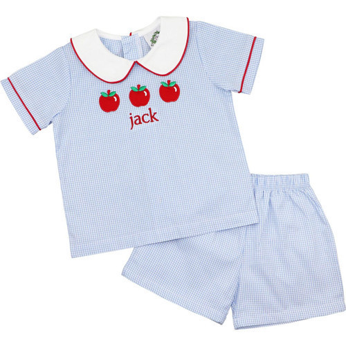 Blue Gingham Applique Apple Short Set | Cecil and Lou
