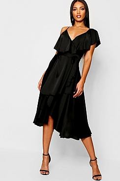 Satin Wrap Detail Skater Dress | Boohoo.com (US & CA)