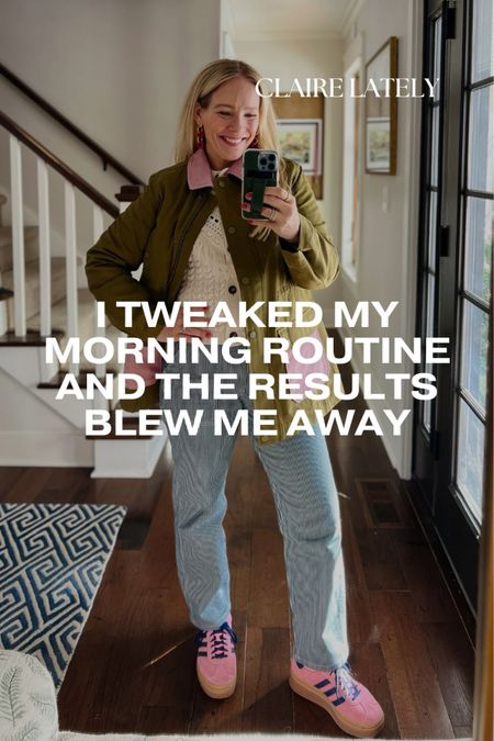 I tweaked my morning routine and this is what happened: dropped 10 pounds, less anxiety, more patient with my kids, and feel more like myself than ever. Laying it all out today on CLAIRELATELY.com 👉🏼

Boden Spring utility jacket, adidas samba sneakers, railroad stripe pants, red and gold beaded earrings 

#LTKworkwear #LTKmidsize #LTKfamily