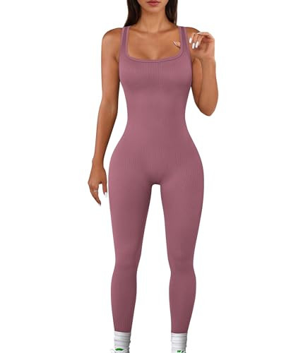 TrainingGirl Women One Piece Jumpsuit Square Neck Workout Bodysuit Ribbed Sleeveless Sports Romper Tummy Control Yoga Bodycon (Dusty Rose, X-Large) | Amazon (US)
