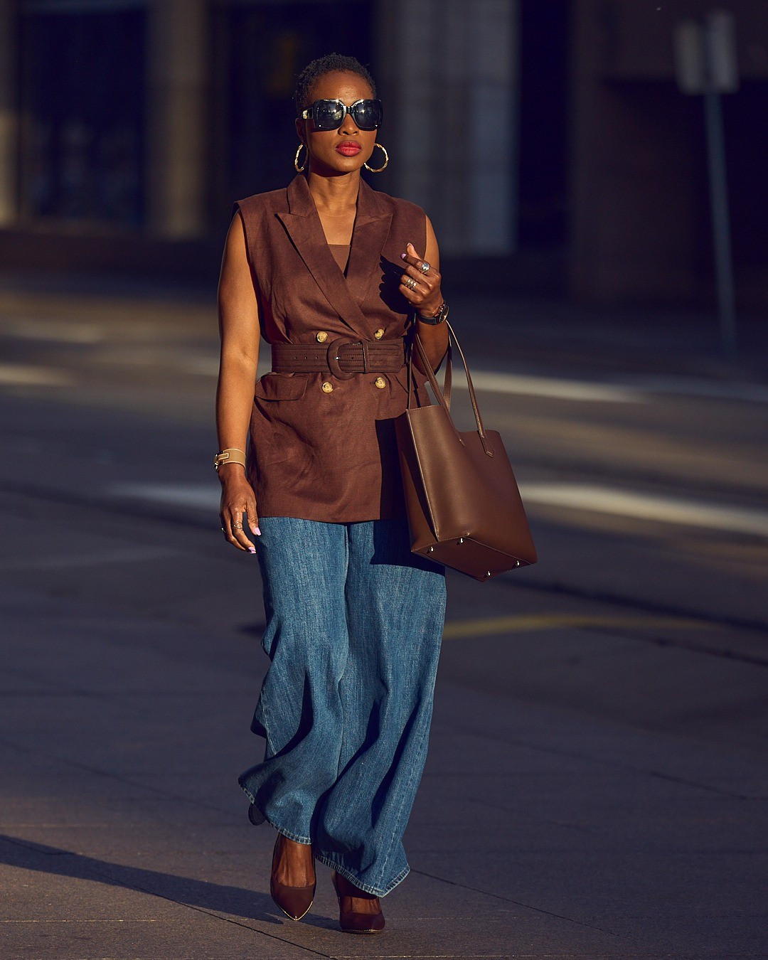 Wide-leg blue jeans with an espresso waistcoat 🤎💙 Denim outfit, sleeveless blazer, elevated casual style, summer style, summer outfit, comfortable heels, Coach, J.Crew, Ann Taylor, Loft, Quince, fashion accessories

#LTKOver40 #LTKStyleTip #LTKxNSale