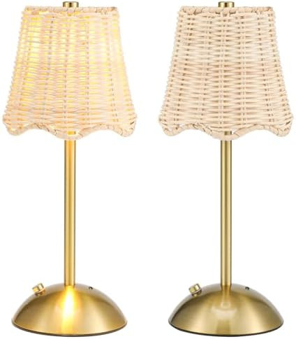 2 Pack Woven Table Lamp 12 Inch Portable Cordless Table Lamp Rechargeable Gold Bedside Light with... | Amazon (US)