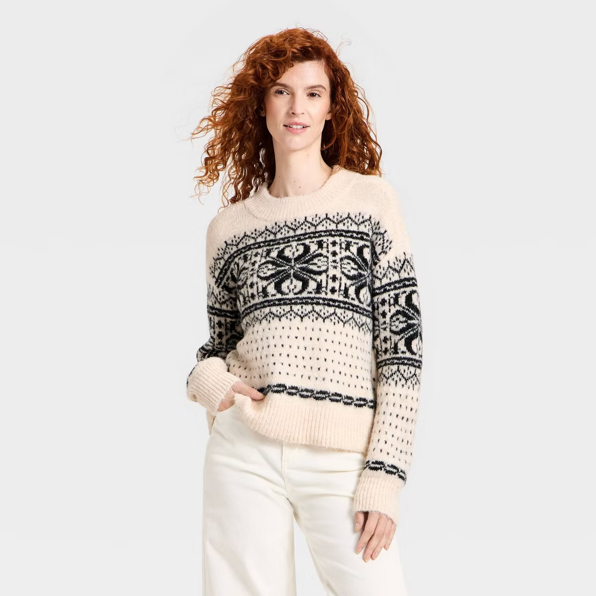 Women's Cozy Alpine Snowflake Crewneck Pullover Sweater - Universal Thread™ Cream | Target