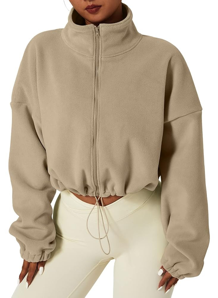 QINSEN Women's Full Zip Fleece Short Jacket Warm Winter Long Sleeve Stand Collar Sherpa Crop Coat | Amazon (US)