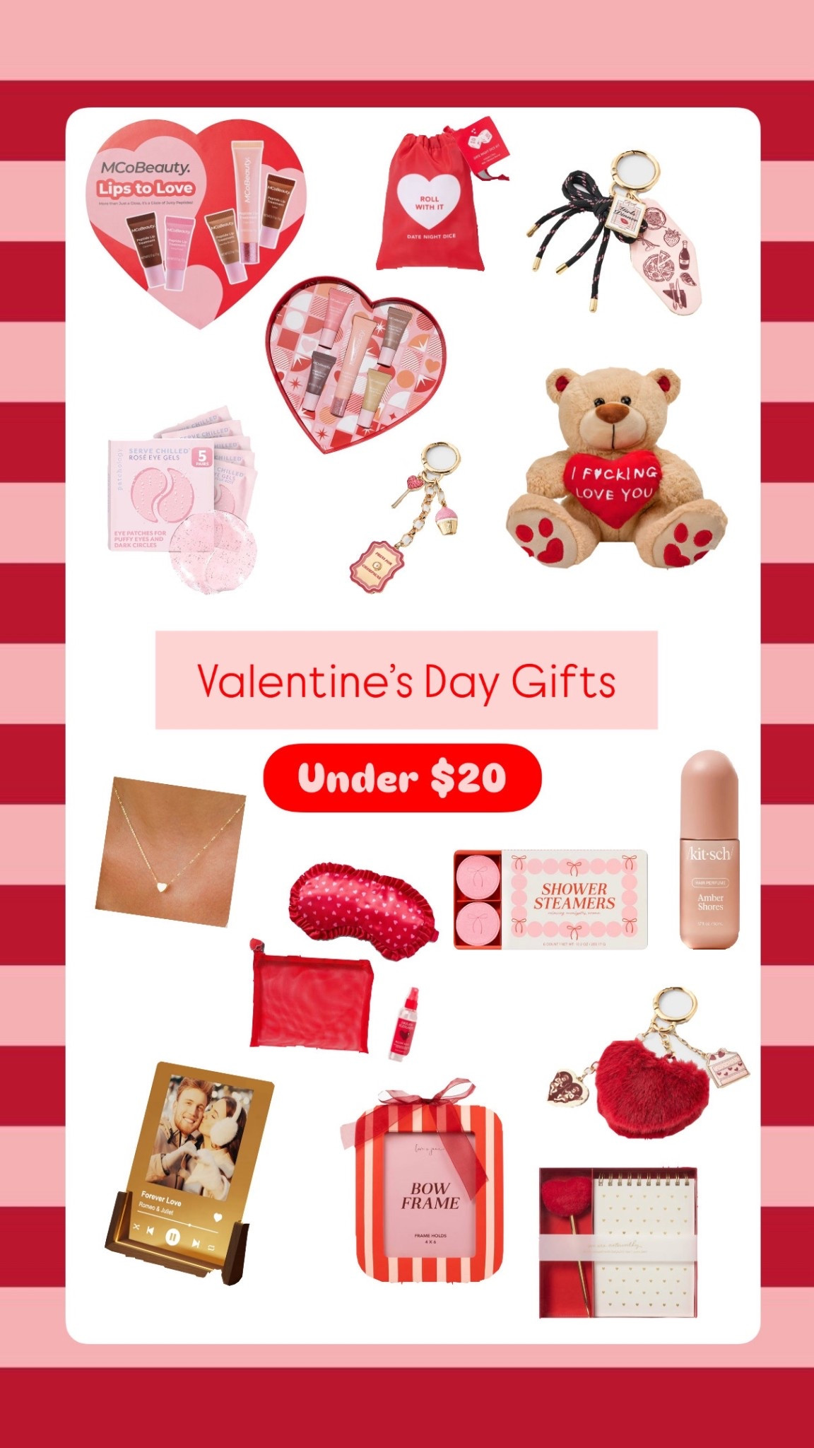 Valentine’s Day is almost here, and I’ve got you covered with gifts she’ll love (without breaking the bank!) 
All under $20! ❣️

#LTKGiftGuide #LTKUnder20 #LTKBudgetFinds #LTKFinds #ValentinesGifts #ForHer #ForGirls #GiftGuide #ValentinesGiftsForHer #Girlfriend #Wife #Daughter #Bestfriend #AffordableGifts #GiftIdeasUnder20 #Under10 #BudgetValentines #CuteGifts #GiftsUnder10 #ValentinesHumor #Spa #BagChain #KeyChain #TeddyBear #FunGifts #HeartNecklace #Shower #Skincare #Sleepmask #Kitsch #PictureFrame #PersonalizedGiftForHer #Music

#LTKmomlife #LTKValentine #LTKBeauty