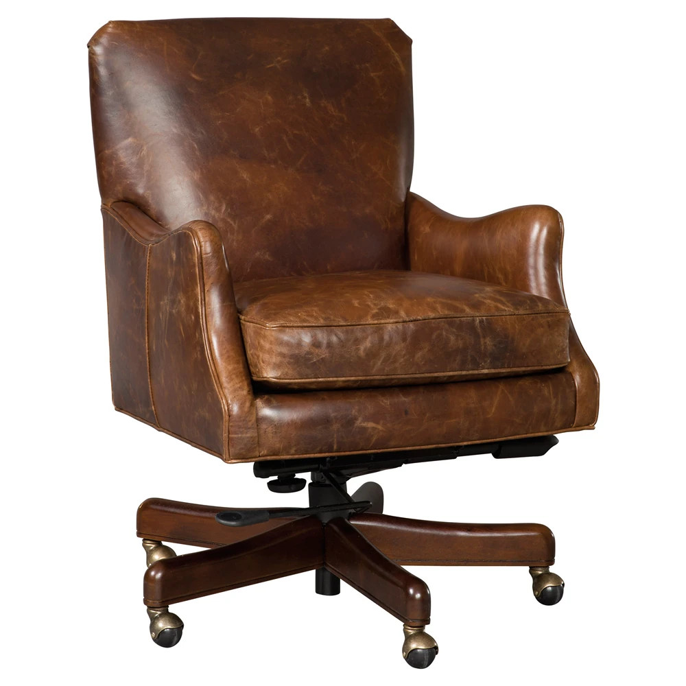 Clive Rustic Lodge Dark Brown Leather Swivel Tilt Office Chair | Kathy Kuo Home