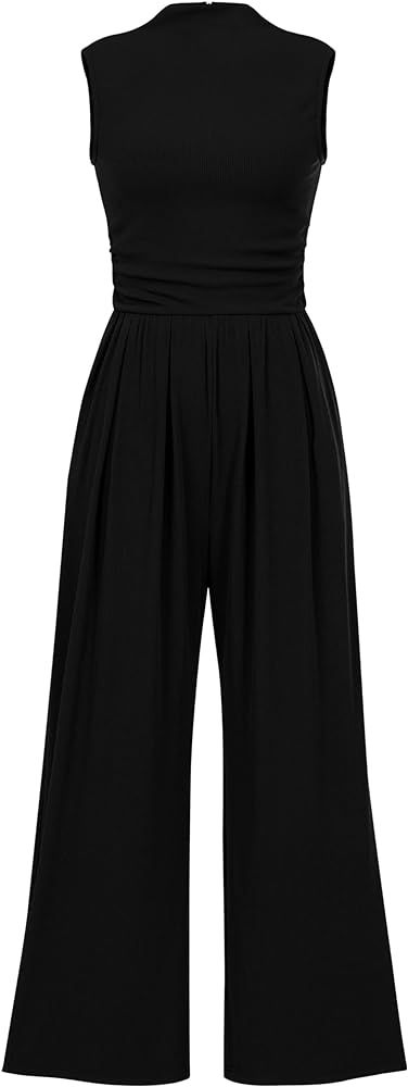 Pretty Garden Womens Summer One Piece Sleeveless Mock Neck Wide Leg Pants Rompers With Pockets | Amazon (US)