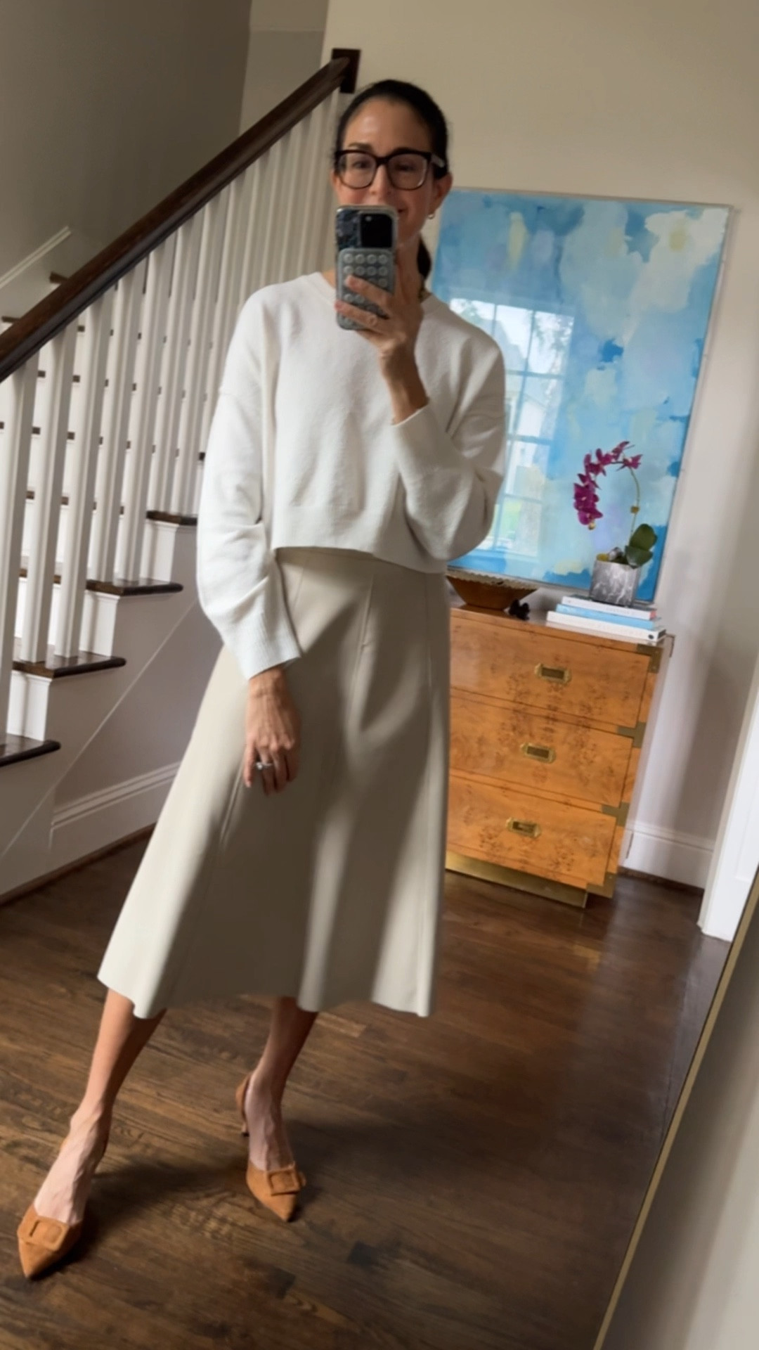 This sweater is a great basic for fall and winter, and I cannot tell you how much I love this faux leather skirt. Also available in black, it pairs well with sweaters and button downs and will be so good for the holidays. Wearing a small in both.

#LTKHoliday #LTKShoeCrush #LTKWorkwear