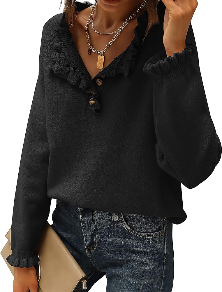 BTFBM Women's Sweaters Casual Long Sleeve Button Down Crew Neck Ruffle Knit Pullover Sweater Tops... | Amazon (US)