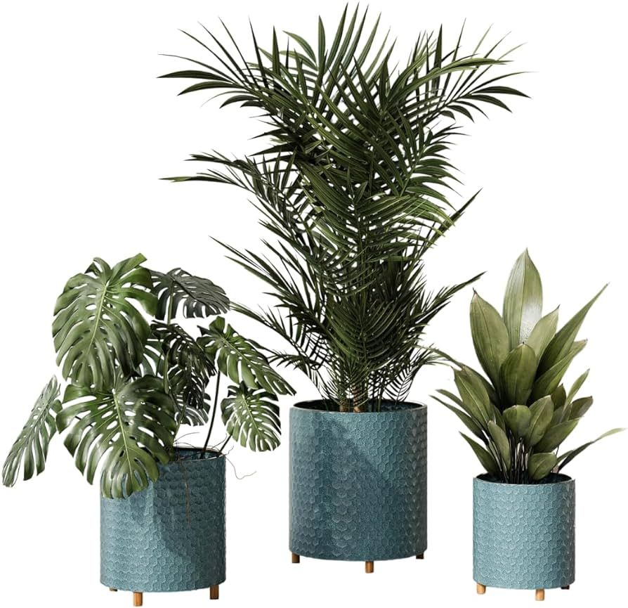 EverNest Rhys Blue-Green Modern Honeycomb Pattern Indoor Planter with Wooden Stand, Plant Pot Set... | Amazon (US)