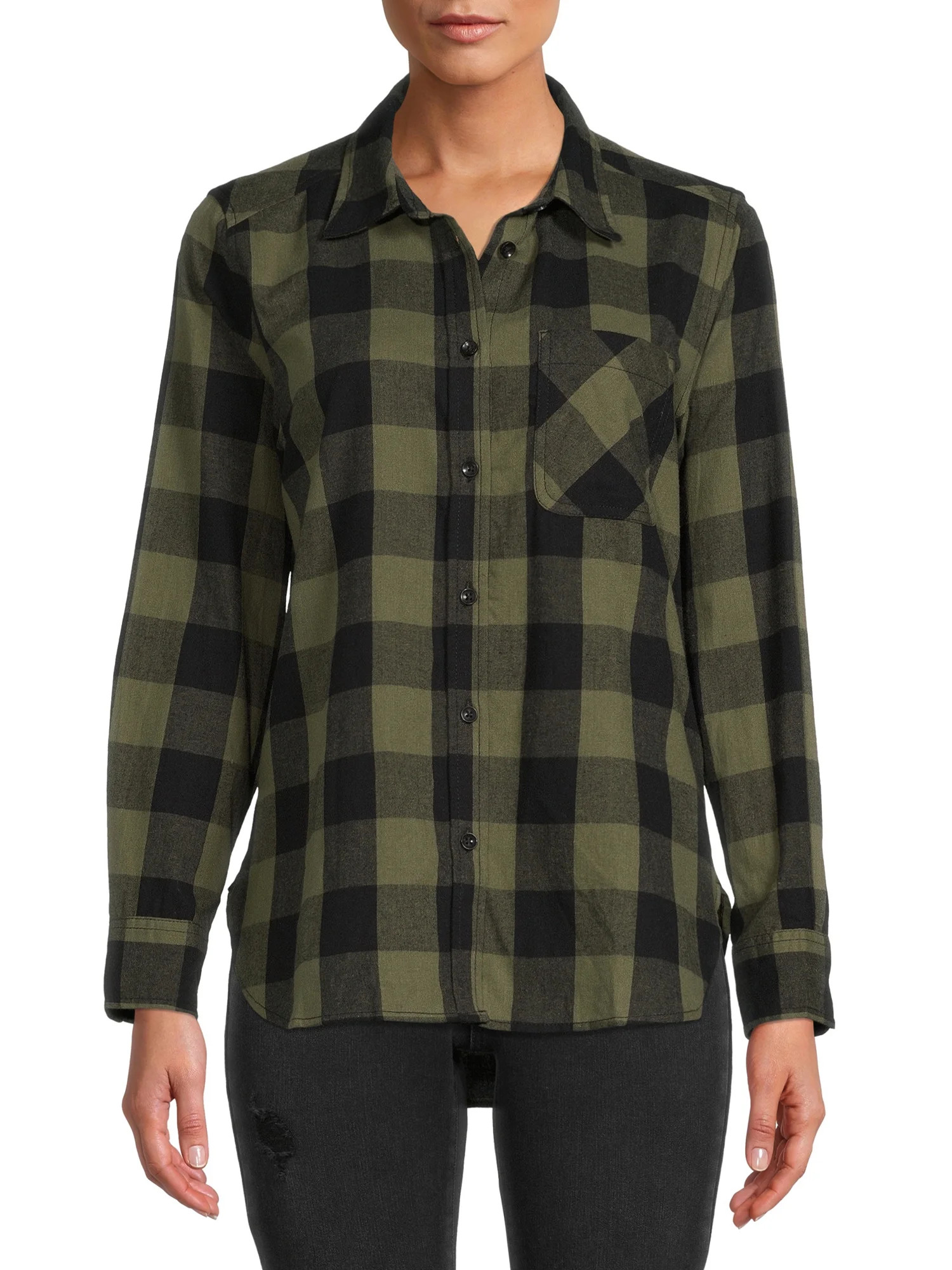 Time and Tru Women's Plaid Button Front Shirt - Walmart.com | Walmart (US)