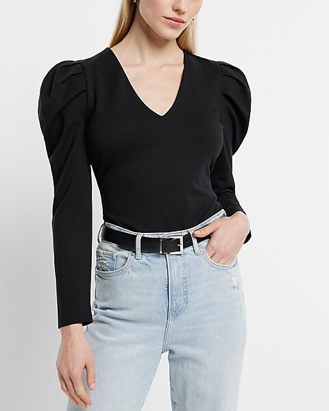 Fitted Ponte V-Neck Puff Sleeve Bodysuit | Express