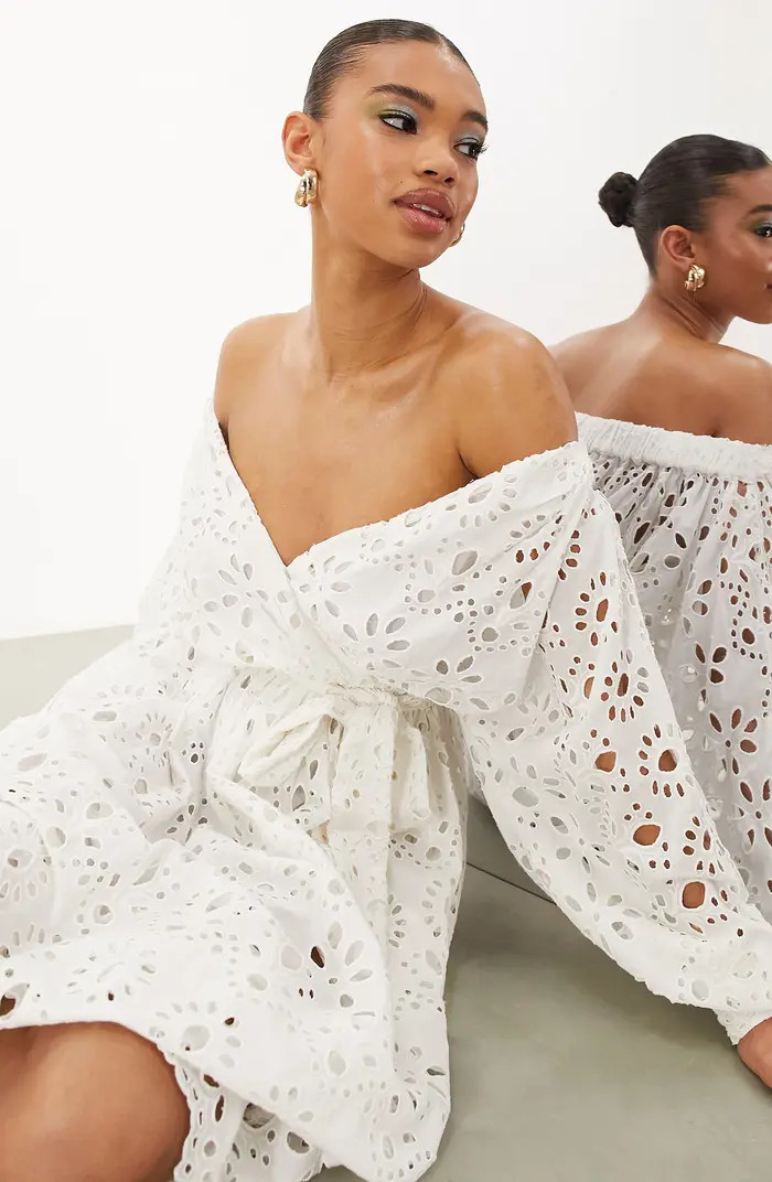 Broderie Anglaise Belted Off the Shoulder Long Sleeve Midi Dress | Nordstrom