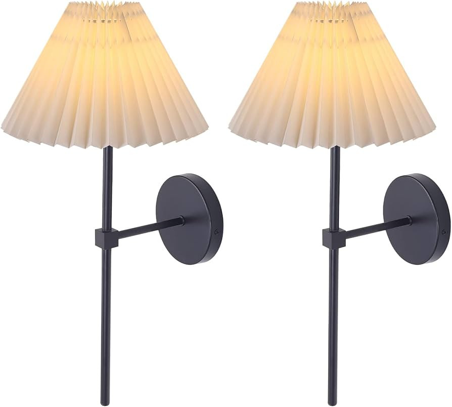 Wall Sconces Sets of 2, White Pleated Fabric lampshade Matte Black Wall Lamp, Column Bracket Wall... | Amazon (US)
