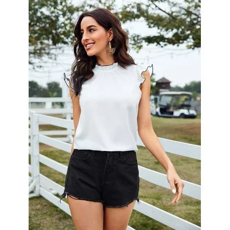 Elegant Women s Top stitching Detail Frilled Neck Flutter Sleeve Blouse 2022 White XL(12) S063008X | Walmart (US)